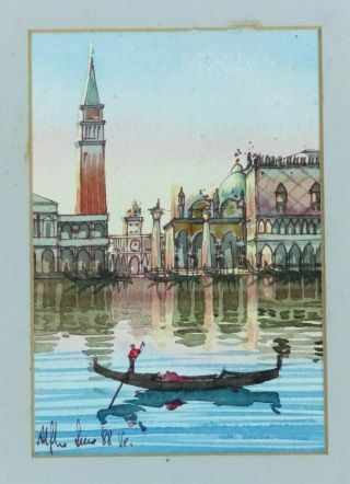 1988 Venice Italy Italian Watercolor Painting Signed Illegible Man Gondola Boats