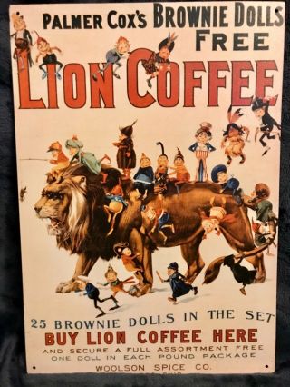Vintage Lion Coffee Tin Sign W/cox’s Brownie Dolls 25 C - 1993