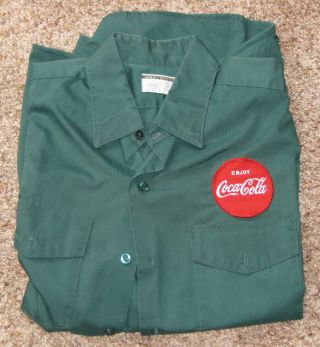 Older Vintage Enjoy Coca - Cola Uniform Shirt - Green W/ Red Patch - Size 16s