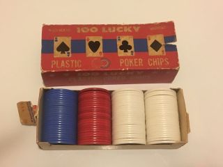 Vtg Lucky Plastic Poker Chips 100 Box 1.  5 " Washable Usa Parlor Games Stackable