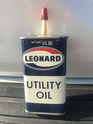 Vtg Leonard Oil Handy Oiler 4oz Utility Oil Can Tin Rare Alma Michigan Minty