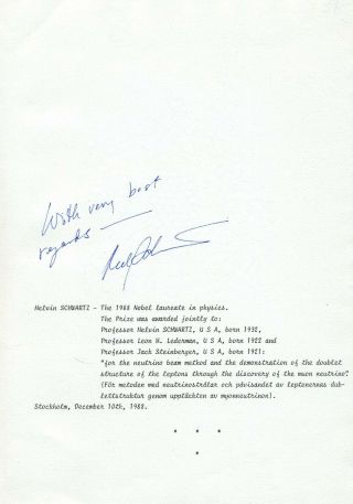 1988 Nobel Prize In Physics Melvin Schwartz Orig Autograph From 1988