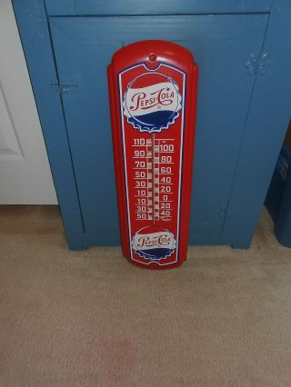 Vintage Pepsi Cola Double Bottle Cap Red Advertising Metal Thermometer