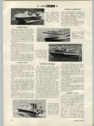 1955 Paper Ad Article Motor Boat Switzer Craft Aluma Paradise Craftsmen Squires
