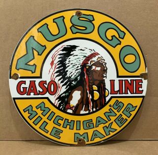 Porcelain Musgo Gasoline Sign Vintage Gas Pump Plate Michigan Indian Oil Garage