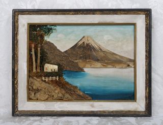 Mount Fuji Painting Antique Wooden Frame Signed Bark Grass Art Japan