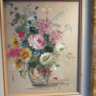 Vtg Mcm Signed Oil On Canvas Painting Bamboo Framed 13 " X 11 " Glass Flower Vase