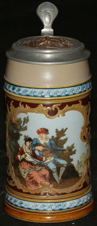 Mettlach 1946 " Courting Couple " 1/2 Liter German Beer Stein Antique - Repaired