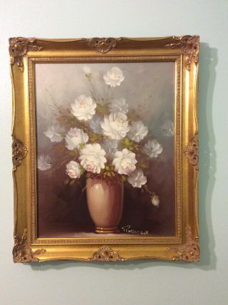 Vintage Robert Cox Signed Oil Painting On Canvas Flowers In Vase