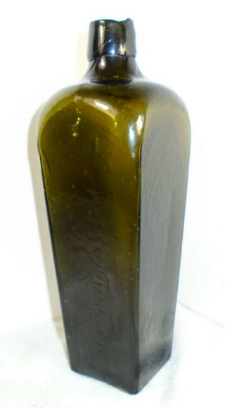 Antique Olive Green Black Glass Gin Bottle,  Applied Top,  Blown Pressed Glass