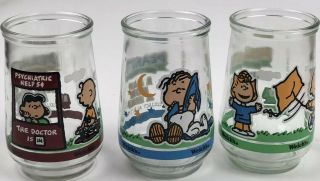 Vintage full set of 7 Welch ' s Peanuts comic characters jelly jars 1998 Snoopy 5