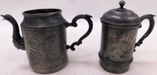 Huikee Swatow Pewter Tankard & Jug With Lid - Engraved Dragon Design - T09