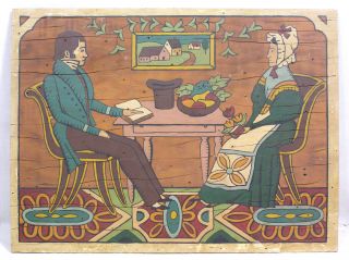 Vtg Painting On Wood Board Colonial Man And Woman At Table 1960s