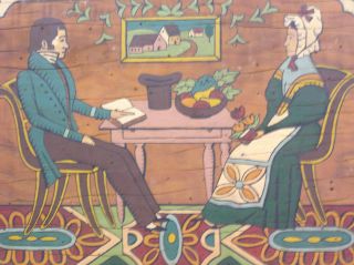 Vtg Painting on Wood Board Colonial Man and Woman at Table 1960s 2