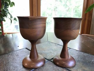 2 Vintage Wood Stemmed Wine Goblets Kustom Kraft Solid Black Walnut Wooden Cups