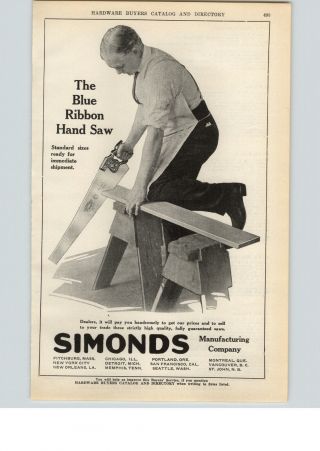 1922 Paper Ad Simonds Blue Ribbon Hand Saw Man Sawing Board Image