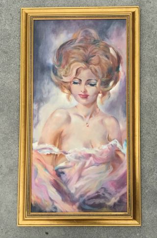 Vintage Mid Century Style Oil Painting Of A Pin Up Girl