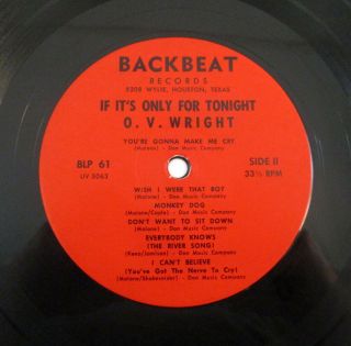 O.  V.  WRIGHT IF IT IS ONLY FOR TONIGHT ' 65 MONO LP BACKBEAT 61 Rare Soul Funk O V 5