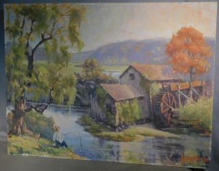Vintage Indiana Brown County Oil Painting Boy Fishing Old Grist Mill Burgess