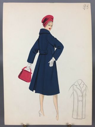 Fashion Illustration C 1950s Stylish Outerwear Coat Signed Marmond