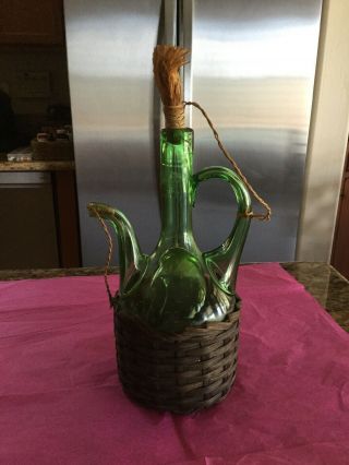 Vintage Italian Hand Blown Green Glass Wine & Sangria Decanter Wicker