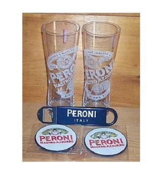 Peroni Signature Tumbler 2 Beer Pint Glasses Coasters & Bottle Opener 41cl