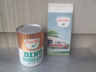 Vintage Sinclair Dino Dinolene Sae 30 1 Quart Motor Oil Can & Denver Road Map