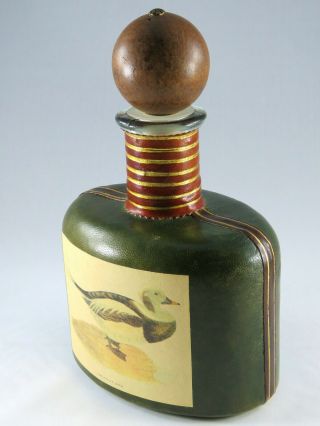 Vtg Italian Leather Wrapped Decanter Duck Hunter Green Wild Game Cabin Bar 2