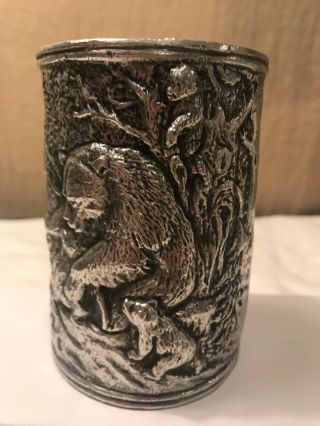 Arthur Court Bear Pewter Grizzly Cup Pencil Holder Tumbler 1990 3.  3/5” Hi
