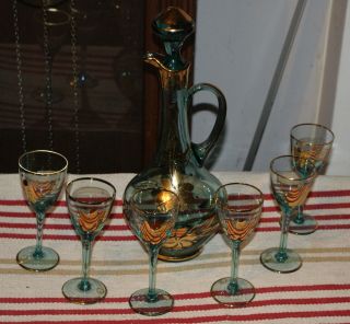 Hungarian Blue Glass With Gold Leaf Accents Bar Pitcher With 6 Stemmed Glasses