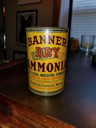 Rare 1800s " Banner Dry Ammonia " Powder Paper Label Tin Penn Chemicals Phil