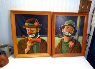 Pair Vintage Retro Emmett Kelly Sad Clowns Paint By Number Paintings Oak Frames