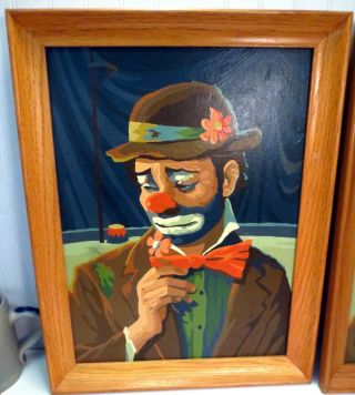 PAIR Vintage Retro Emmett Kelly Sad Clowns Paint By Number Paintings Oak Frames 2