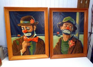 PAIR Vintage Retro Emmett Kelly Sad Clowns Paint By Number Paintings Oak Frames 4