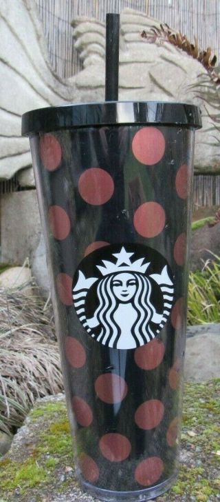 Starbucks Coffee 2017 Rose Gold & Black Polka Dot Cold Cup Tumbler 24 Oz.