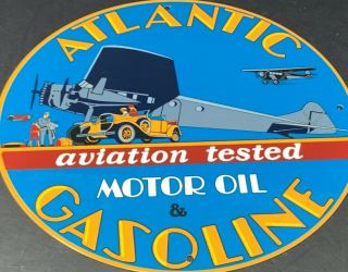 Vintage Atlantic Gasoline & Motor Oil Gas Oil Pump Plate 12 Porcelain Metal Sign