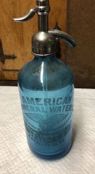 Vintage American Eagle American Mineral Water Co.  Blue Seltzer Bottle Newark Nj
