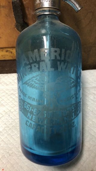 Vintage American Eagle American Mineral Water Co.  Blue Seltzer Bottle Newark NJ 2