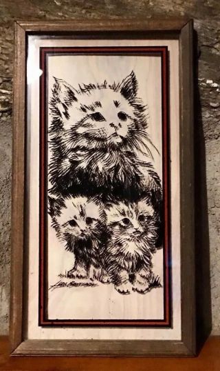 Leon Burrows Vintage Cats Framed Art Reverse Painting On Glass