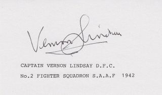 South Africa Wwii Ace Pilot Captain Vernon Lindsay Signed 3x5 Card Autographed