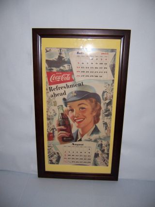 Vintage Framed 1953 Drink Coca Cola Refreshment Ahead Calendar Page Advertising