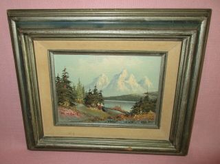 Vintage Oil On Wood Small Painting Europe Alps Mountains Lake Landscape M Hobart