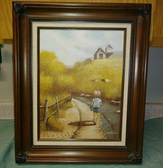 Vtg Kip Mckinney Framed Oil On Canvas Little Girl Going Fishing 22 " Exc