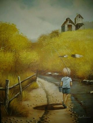 Vtg Kip McKinney Framed Oil On Canvas Little Girl Going Fishing 22 