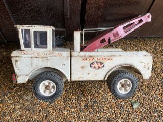Vintage Mighty Tonka Double Boom Wrecker AA 24 Hour Service Tow Truck White 2