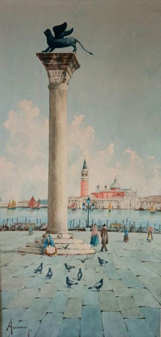 Old Antique Watercolor Painting Of Venice Artist Signed