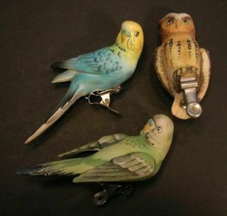 3 Vintage Porcelain Clip - On Birds: 2 Parakeets And An Owl For Lamps,  Curtains