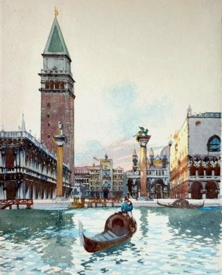 Old Antique Watercolor Painting Of Venice Piazza San Marco Artist Signed