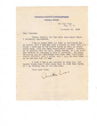 Typed And Signed Letter From Anita Loos Mentioning Movie Of Gentlemen Prefer.