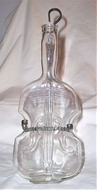 Vintage Clear Hand Blown Glass Violin Flask Bottle W/music Notes & Metal Hanger
